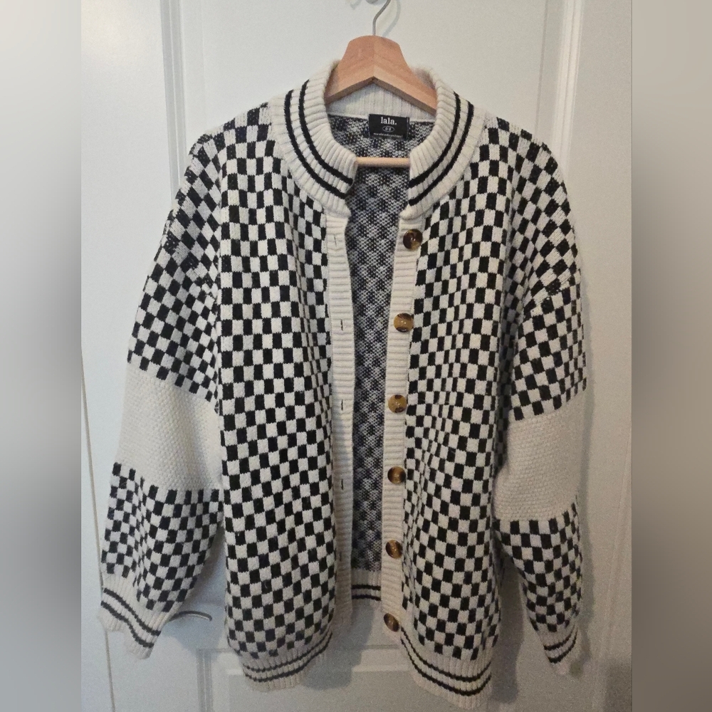 DRESSED IN LALA Black and White  Checkered Grandpa Sweater